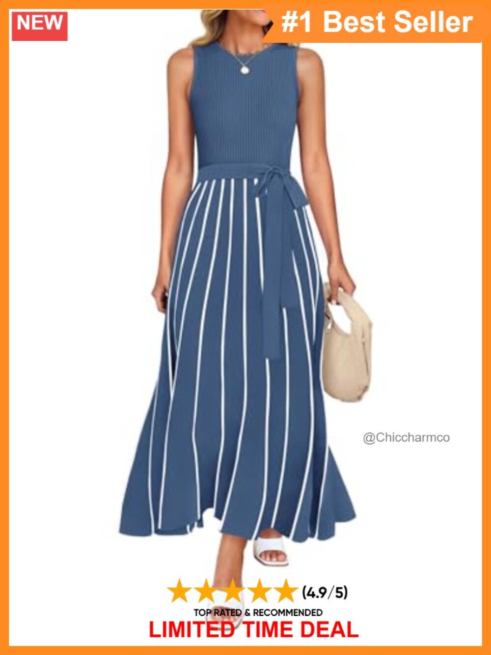 Ribbed Knit Sleeveless Maxi Dress Tie Waist A-Line Casual